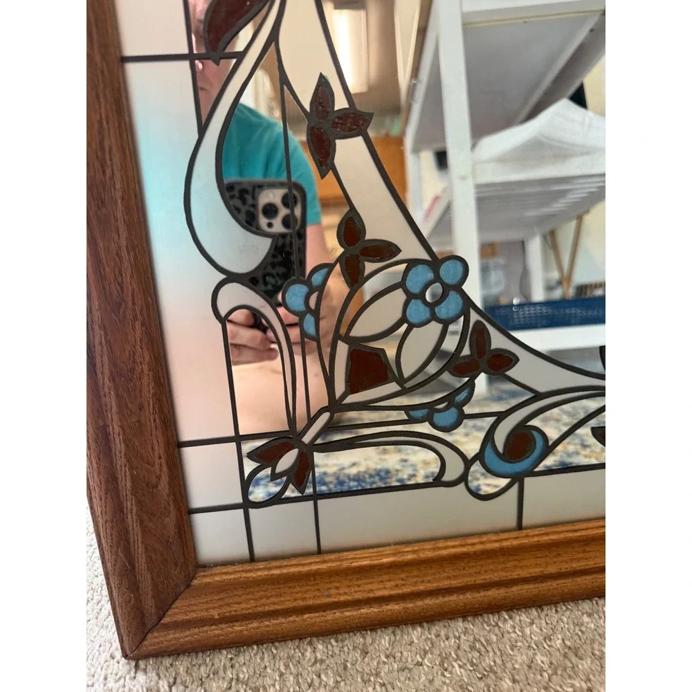 Vintage Faux Stained Glass Floral Wall Mirror Wood Frame Blue Brown 31.5x25.5